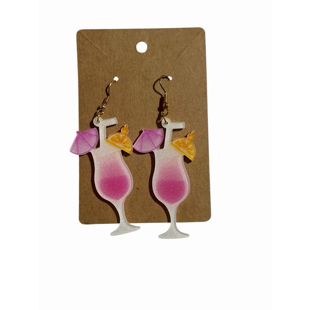 Pink Tropical Cocktail Resin Earrings Summer Drink Umbrella Novelty Drop Jewelry